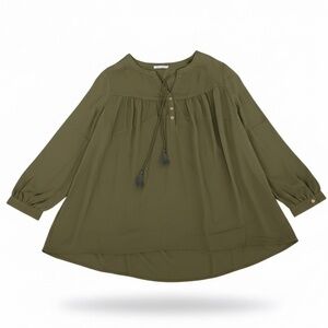DR2  Daniel Rainn Plus Size Rolled Sleeve Tassel Neck Blouse Olive Green 3X NWT